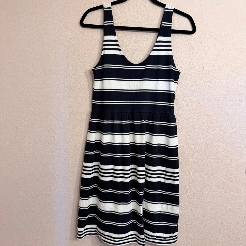 J. Crew Navy Blue White Striped Sleeveless Knit Dress Button‎ Front Style 76356